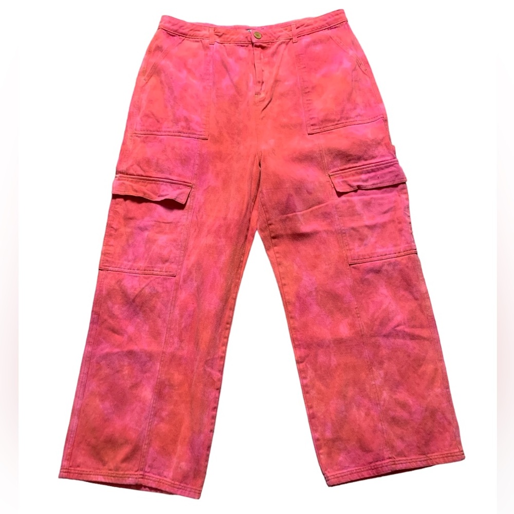 Nasty Gal Orange Pink Watercolor Wide Leg Cargo Pants Streetwear Utility Size 18